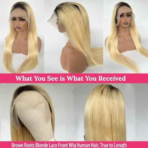 Licoville Ombre Blonde Lace Front Wig Human Hair, 1B/613 13x4 Lace Front Wig Human Hair Pre Plucked, 22 Inch Blonde Dark Roots Wig Human Hair HD Lace Straight Glueless