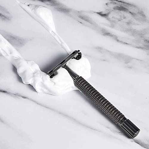 Deluxe Men¡¯s Wet shaving Kit, All Black Set, Lengthen Version Double Edge Safety Razor, Large Stand, Shaving Brush, Ceramic Shaving Bowl and 10 Extra Blades