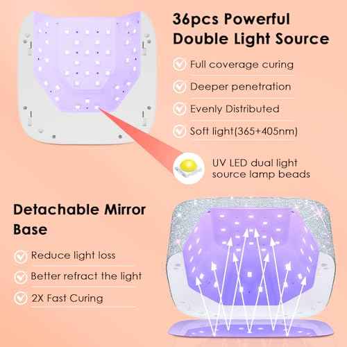 UV LED Nail Lamp Cordless, HUITINE 80W Rechargeable UV Light for Gel Nails, Professional Gel Light Dryer with 5 Timers & Mirror Base, Sparkling Rhinestones Diamond Curing Lamp for Salon & Home