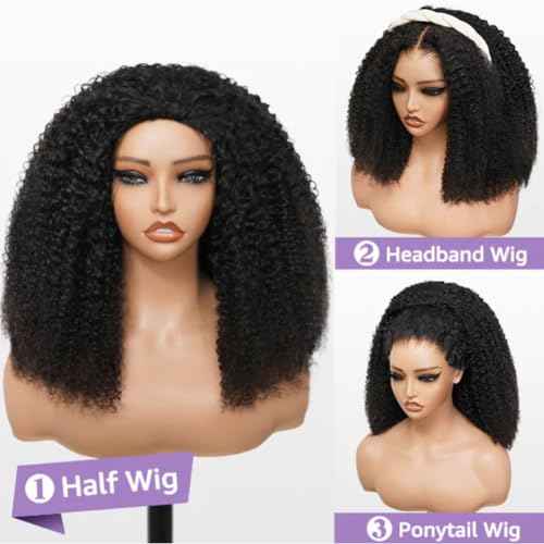 18 inch Curly Half Wig Human Hair for Black Women,Kinky Curly Half Wigs Human Hair ,Seamless Flip Over All Hairstyles In One Headband Wig with Drawstring,Wear and Go Wigs 200% Density Natural Black