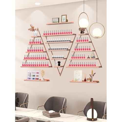 EBANKU Metal Wall-mounted Nail Polish Storage Racks 5 Tiers Triangular Display Rack Cosmetic Display Cases Lipstick Perfume Wall Shelf Essential Oil Organizers for Home Spa Nail Salon Shop (Rose Gold)