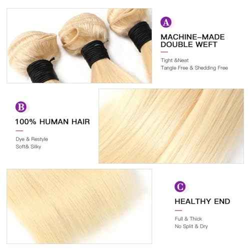 613 Bundles Human Hair Extensions For Women Real Straight Human Hair Bundles Light Blonde Color 3Bundles(202224 Inch)