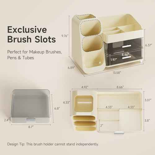 Delamu Big Makeup Organizer with Drawers, Spacious Cosmetic Display Caddy with Makeup Brush Holder, Bathroom Countertop Organizer for Vanity, Dorm, Desk, Beige