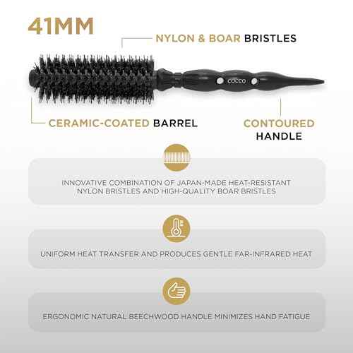 COCCO Black Series Ceramic Boar Brush S3, Hair Styling Brush with Dual Bristle Technology, Ceramic-Coated Barrel, Ergonomic Design, 41 mm