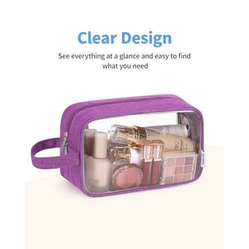 Narwey Clear Travel Toiletry Bags for Traveling Toiletries Men Women, Clear Makeup Bag Cosmetic Bag with Zipper, Make Up Pouch Organizer Bag with Handle, Skincare Beach Snack Medicine Bag, Purple