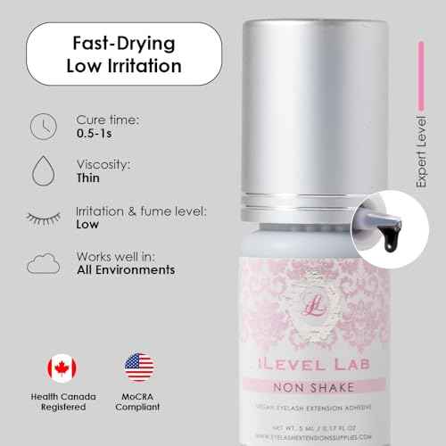 Non Shake Extra Strong Eyelash Extension Glue iLevel Lab - No Need to Shake (0.17fl.oz / 5ml) / 0.5 Sec Dry/Retention ? 4 Weeks/Black Adhesive/Professional Supplies