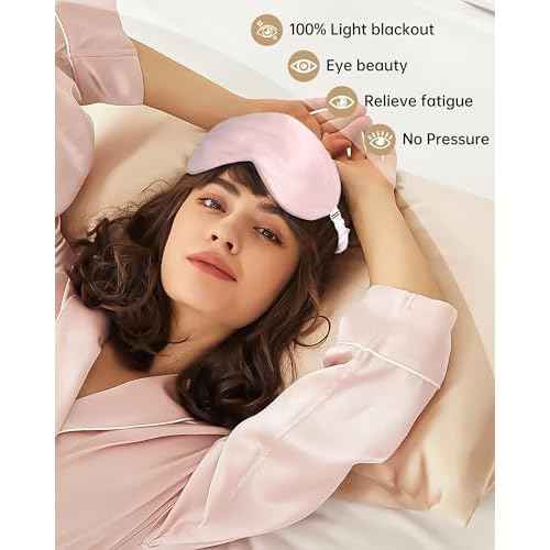 100% Mulberry Silk Bonnet for Sleeping Women Silk Hair Bonnet Elastic Tie Band Hair Wrap with Silk Hair Scrunchies and Silk Sleep Eye Mask(Bean Paste+Pink)