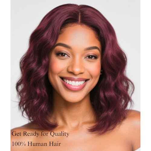 ALHER #99j Dark Burgundy Body Wave Bundles with 2x6 Closure, Purplish Wine Red Color 3 Bundles with 2x6 Long Deep Part Closure With Baby Hair, 100% Real Human Hair 10 12 14 +10 Inch
