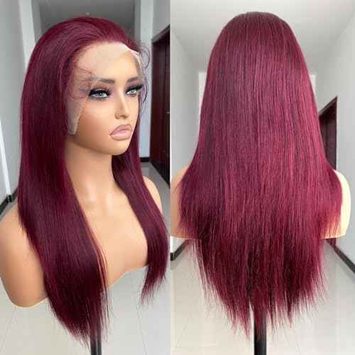 REMY HAIR 99J Burgundy Straight Lace Front Wigs Human Hair 13x4 Transparent Lace Front Wig Pre Plucked with Baby Hair 180% Density Glueless Wigs Natural Hairline Red (16 Inch)