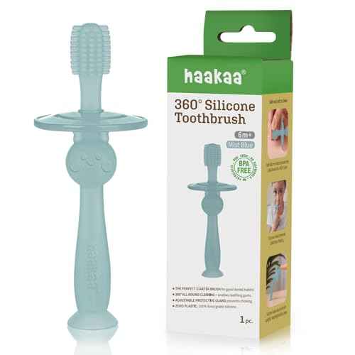 haakaa 360¡Æ Silicone Baby Toothbrush ? 100% Soft Food Grade Silicone, BPA-Free, Suction Base, Safe for Babies 6 Months+, Gentle Gum and Teeth Cleaning for Infants, Gum Massager (Mist Blue)