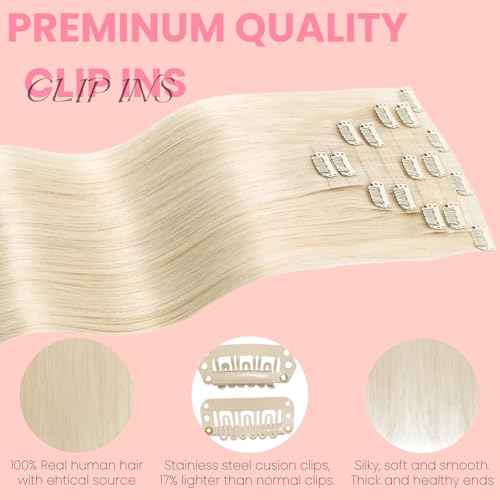Clip in Extensions Real Human Hair 7pcs, Natural and Seamless 90g (Platinum Blonde, 22 inch)