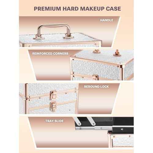Qislee Makeup Box with Drawer and Four Trays, A Detachable Lighted Mirror, Waterproof Travel Train Case, Cosmetic Organizer and Makeup Suitcase with Magnetic LED Mirror(Bright White)
