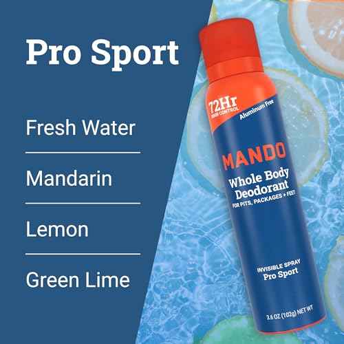 Mando Whole Body Deodorant For Men - Invisible Spray Deodorant - 72 Hour Odor Control - Low Irritation Formula - Aluminum Free, Benzene Free - 3.6 ounce Cans (Pack of 2) - Pro Sport