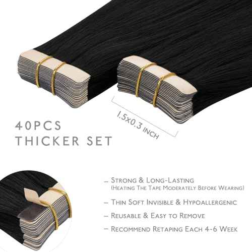 WENNALIFE Tape in Hair Extensions Human Hair, 40pcs 100g 20 inch Jet Black Hair Extensions Real Human Hair Straight Tape in Extensions Invisible Human Hair Extensions Reusable Real Hair Extensions