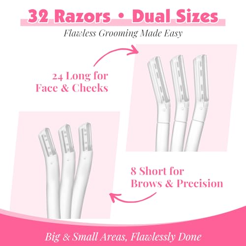 32 Count Face Razors for Women ? Dermaplane Razors & Eyebrow Razor Set, 24 Long + 8 Short Precision Blades, Facial Razor for Peach Fuzz, Hair Removal & Gentle Exfoliation (Clear)