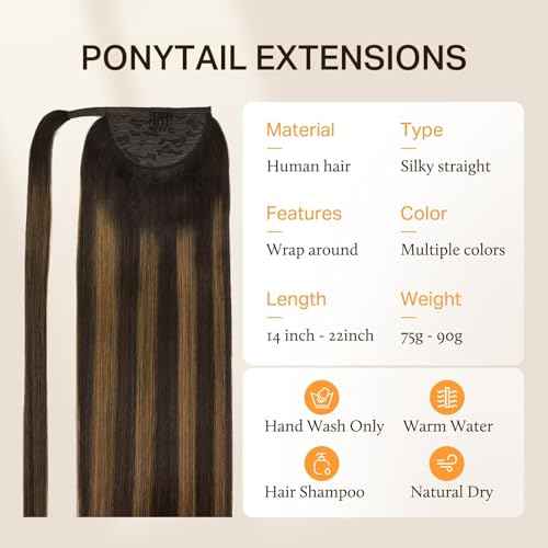 DOORES Human Hair Extensions Clip in Ponytail Wrap Around Ponytail Straight Hair Pieces For Women with Magic Paste - Balayage Dark Brown to Chestnut Brown 20 Inch 90g