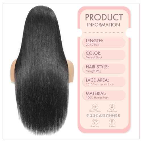 13x6 Straight Lace Front Wigs Human Hair Pre Plucked 200 Density HD Transparent Lace Frontal Wigs for Women Glueless Wigs Human Hair Natural Color 26 Inch