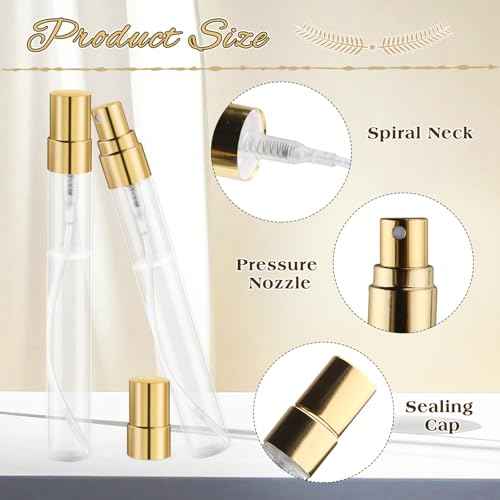 30 Pcs 10ml/0.34oz Mini Spray Bottle Glass Fine Mist Perfume Atomizer Empty Sample Containers with Golden Lids for Travel Cleaning Essential Oils