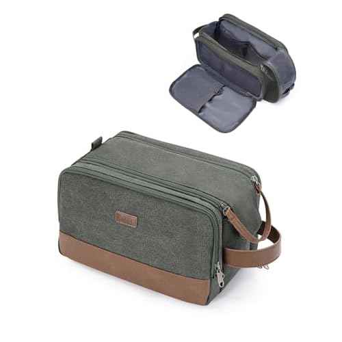 WANDF Toiletry Bag for Men Travel Toiletry Organizer Canvas and Leather Dopp Kit Water-Resistant Shaving Bag for Travel Accessories (Green, Medium)