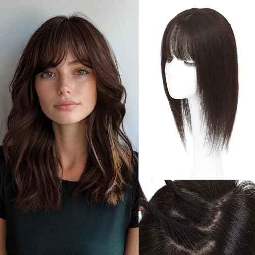 Hair Toppers for Women Real Human Hair,360¡Æ3D Big Basement Cover Topper for Women with Thinning Crown with Wispy Clip in Bangs Realistic Scalp (Dark brown, 3D Wispy Bangs 16INCH)