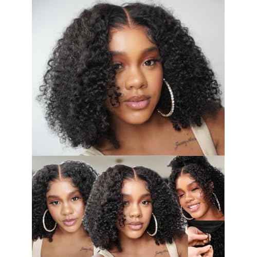 Nadula Bye Bye Knots Glueless Kinky Curly Drawstring Wig Human Hair with 4C Curly Edges, Pre Cut 7X5 HD Lace Front Ready to Go Afro Kinky Wigs Pre Plucked Bleached Knots with Curly Baby Hair 14inch
