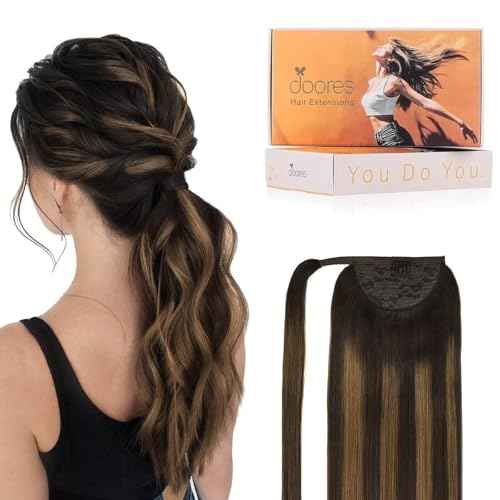 DOORES Human Hair Extensions Clip in Ponytail Wrap Around Ponytail Straight Hair Pieces For Women with Magic Paste - Balayage Dark Brown to Chestnut Brown 20 Inch 90g