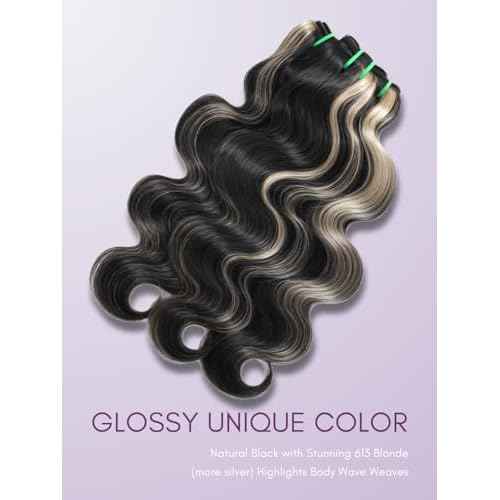 Black With Platinum Blond Highlight Bundles and 2x6 HD Lace Closure Body Wave Human Hair, 12A Balayage Ombre Skunk Stripe 3 Bundle With Long Deep Part Natural Black 2x6 Kim K Closure 10 12 14+10