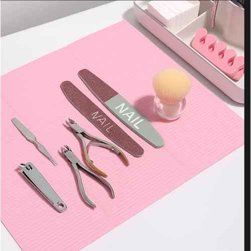 Disposable Nail Mats 50Pcs Non-Slip Fordable Nail Paper Towels for Manicure Salon Home 3 Ply Waterproof Adult Disposable Bibs for Dentist, Nail Techs, Patient Hygiene, Tattoo (Pink)