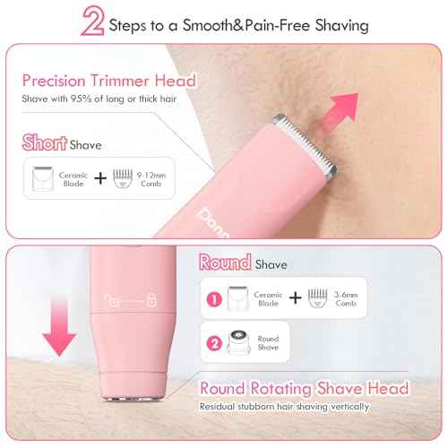 Bikini Trimmer for Women, 2 in 1 Electric Razors for Shower&Travel, IPX7 Waterproof Pubic Hair Remover for Underarm, Legs & Bikini Area, Painless Razor,Hypoallergenic Foil & Ceramic Blades