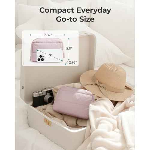 BAGSMART Puffy Makeup Bag, Wide Opening Cosmetic Bag Compact & Spacious, Water-Resistant Travel Organizer Pouches for Women (Baby Pink)