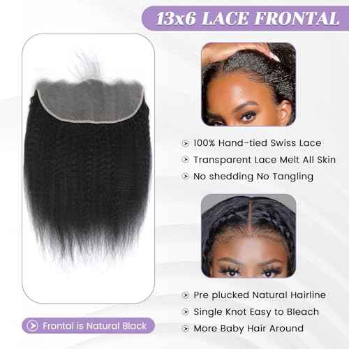 Kinky Straight 13x6 Frontal Yaki Straight Lace Frontal 100% Human Hair HD Transparent Lace Frontal Kinky Hair Frontal 13x6 Yaki Hair Closure Natural Black 1B Color 12 Inch 150% Density
