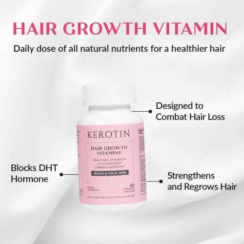 Kerotin Hair Growth Supplement for Longer, Stronger Hair - Enriched with Biotin, Folic Acid, Saw Palmetto to Promote Thick, Healthy Hair Growth (3 Months)