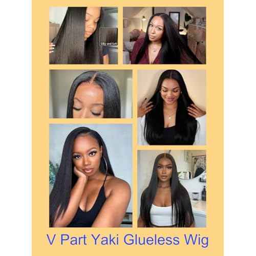 Nadula EasiContour V Part Yaki Straight Human Hair No Leave Out Clip in V-part Wig,12A Glueless Upgrade U Part Light Kinky Straight Human Hair Wig 180% Density with Elastic Drawstring 16inch