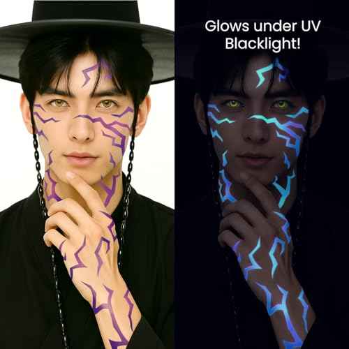UV Glow Pattern Temporary Tattoos | Purple Demon Energy Pattern | Blacklight Activated Neon Blue | Hunter Cosplay | Fake Tat Stickers | Music Festivals, Kpop RPD, Rave Accessories, Halloween