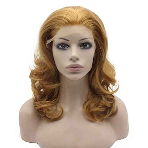 MX angel Medium Long Wavy Blonde Synthetic Lace Front Blond Wig Natural