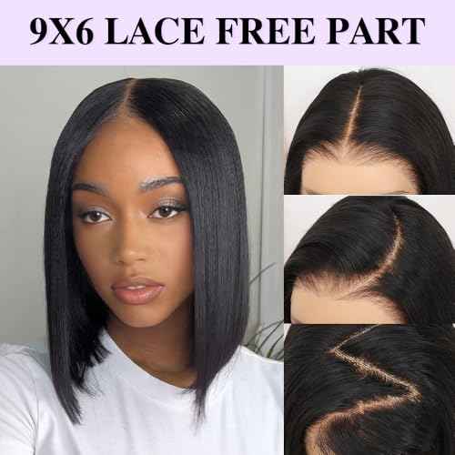 Yaki Straight Bob Human Hair Wigs 9x6 Bye Bye Knots HD Lace Front wig Glueless Wigs Human Hair Pre Plucked Pre Cut Pre Everything Yaki Bob 180% Density 10Inch