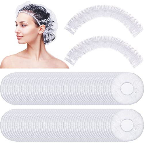 Retisee 140 Pcs Disposable Shower Caps Bulk 18.2" Plastic Clear Hair Cap Elastic Large Thick Waterproof Bath Caps for Women Hair Care Cleaning Supplies Spa Hotel Hair Salon Home Travel Accessories