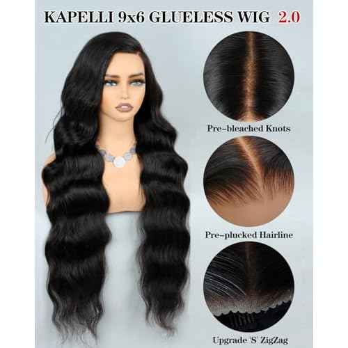 Kapelli Hair Glueless HD Lace Front Wigs Human Hair Pre Plucked Bleached Knots with Baby Hair 200% Density 9x6 Body Wave Lace Closure Wigs for Black Women Natural Black Color 24 Inch
