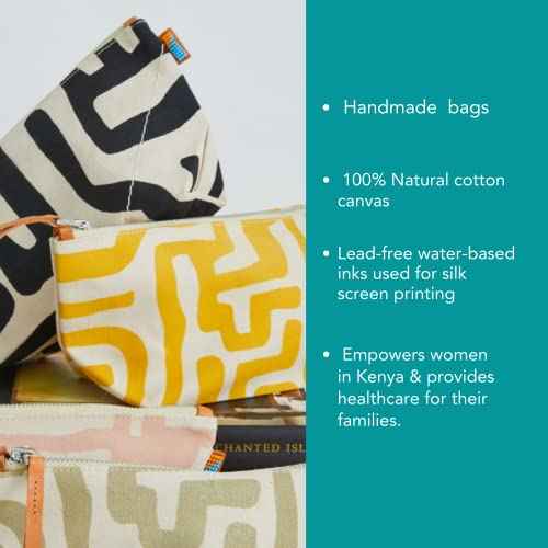 Ubuntu Life Kuba Pouch ? Makeup & Toiletry Bag for Women Made with Natural Cotton Canvas, Stylish Cosmetic Bag with Kuba African Print (Black & Eggshell, Large)