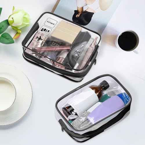 AURUZA 2 Pack TSA Approved Toiletry Bag, Clear Makeup Bag,Travel Cosmetic Bag with Zipper,Clear Organizer Carry on Bag for Women,PVC Cosmetic Pouch for Airport Airline Compliant (Black)