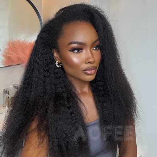 Kinky Straight 3 in 1 Half Wig Human Hair 200 Density Upgrade Headband Wig No Glue Seamless Flip Over Yaki Straight Wig with Drawstring Wear and Go Glueless Wigs for Women 18 Inch