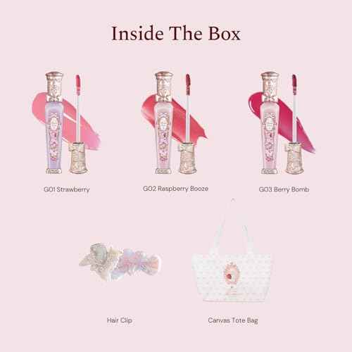 Flower Knows Violet Strawberry Rococo Glowy Lip Gloss 3-Piece Set,G01+G02+G03 with Canvas Tote Bag & Hair Clip,Moisturizing Lip Oil,Hydrating Lip Plumper Makeup for Girls & Women