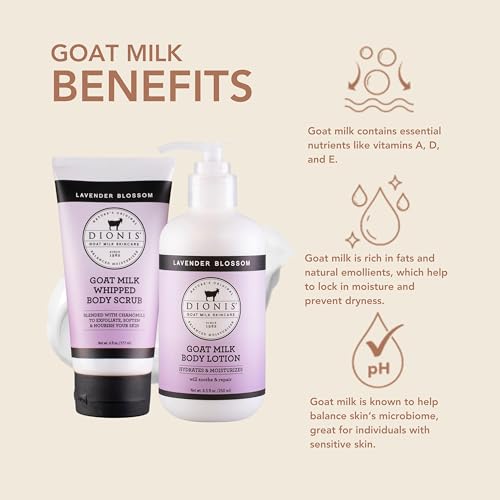 Dionis Goat Milk Skincare Lavender Scented Whipped Body Scrub & Lotion Gift Set - Gentle Chamomile Blended Exfoliating Sugar Scrub & Hydrating Body Cream Set, 6 oz & 8.5 oz