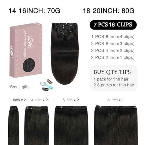 SUYYA Real Human Hair Clip in Extensions - 7 Pcs Straight Remy Hair Clip ins for Women - Double Weft 18 Inch #1B Off Black 80G