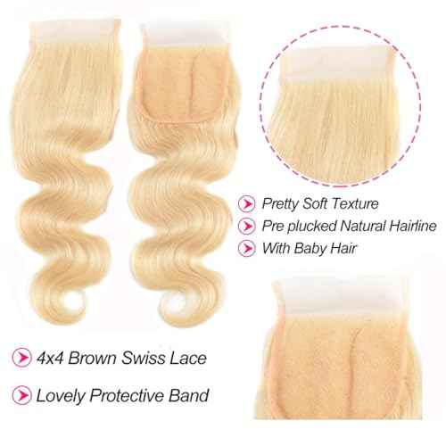 613 Human Hair Body Wave Blonde Bundles with Closure (12 14 16 +10 Inch) 100% Unprocessed 12A Grade Brazilian Virgin Hair Extensions bundles with 4 X 4 Lace front Free Part for Women