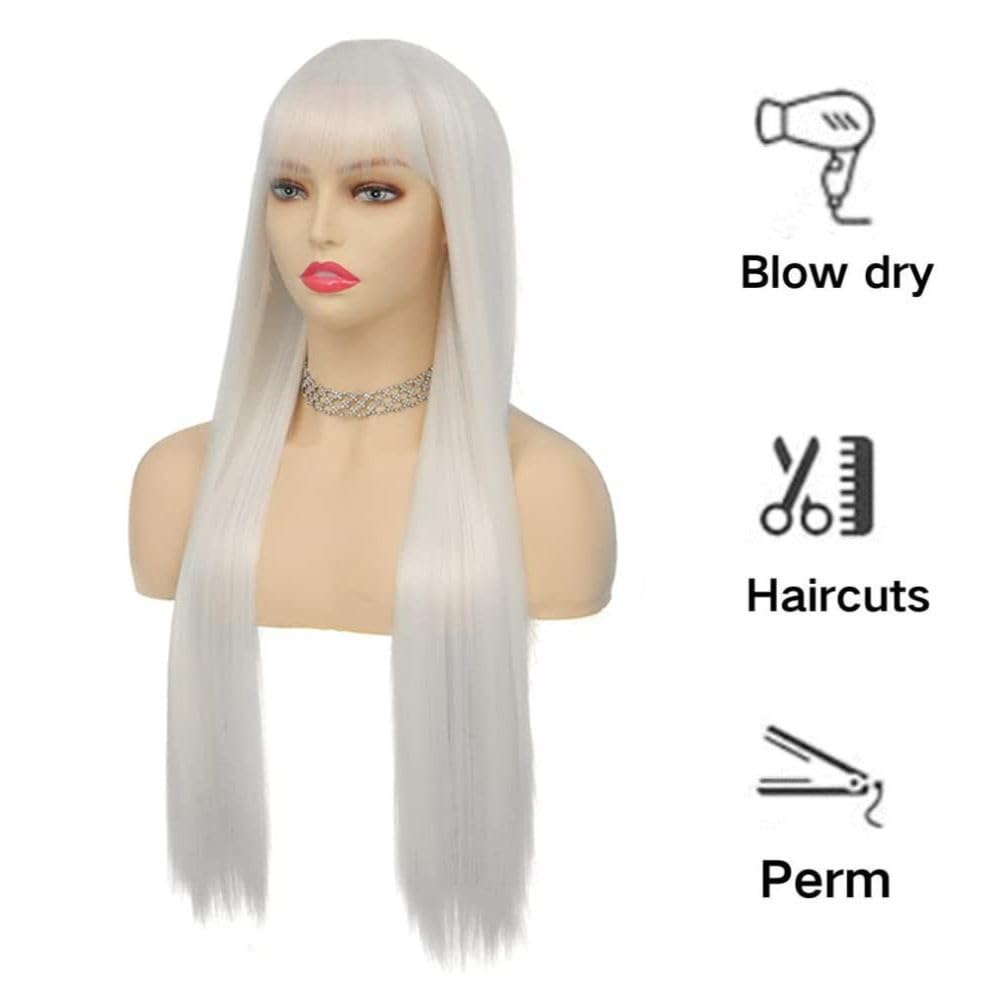 Siudus White Long Straight Wigs for Women with Bangs Natural Looking Synthetic Hair Wig for Halloween Cosplay Daily Use