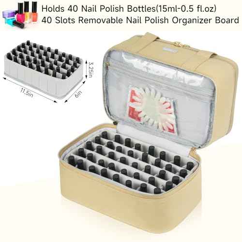 Nail Polish Organizer and Storage,Double-Layer Nail Supplies Carrying Case Bag for 40 Bottles (15ml-0.5 fl.oz) and a Lamp,Portable Nails Polish Holder for Nails Supplies,Khaki