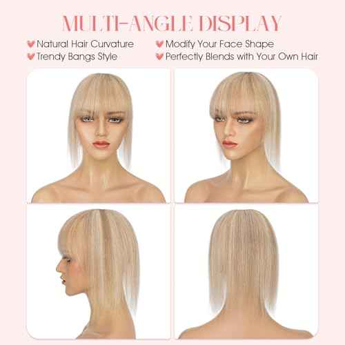 Hairro Mono Hair Toppers with Bangs, 3.4" x 3.4" Mono Base 100% Real Human Hairpieces for Women, 150% Density Clips In Topper for Greyish Thinning Hair, 14 Inch Golden Brown Mix Bleach Blonde