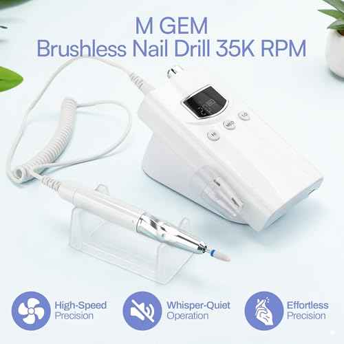 M GEM Brushless Nail Drill 35K RPM | Professional Cordless Efile Machine | Rechargeable Electric Nail File with Bits | Portable Quiet Low Vibration Tool for Acrylic, Gel, Natural Nails (White)