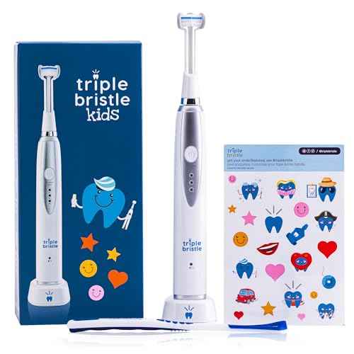Triple Bristle Kids Sonic Toothbrush | 1 Pack | 3 Sided Toothbrush to Clean Teeth and Gums | Dentist Created & Approved | Fun Sticker Rewards | Rechargeable Three Sided Toothbrush for Kids